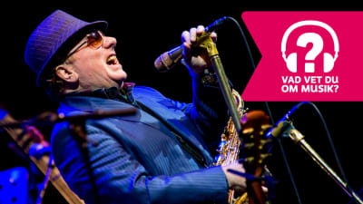 Van Morrison har hatt och solglasögon, saxofon kring halsen och sjunger i en mikrofon som är i en mikrofonställning..