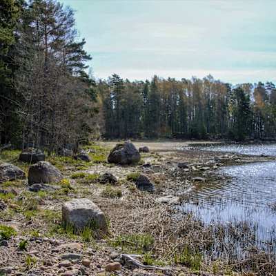 En stenig strand vid vatten.