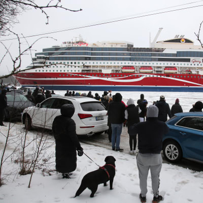 Yleisöä Ruissalossa seuraamassa M/S Viking Gloryn saapumista Turkuun, punainen laiva jäisellä merellä.