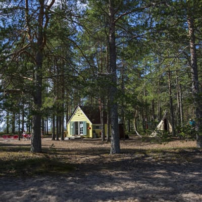 Kotila-mökki korkeiden mäntyjen keskellä aurinkoisena kesäpäivänä Ärjänsaaressa.