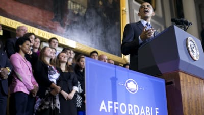 Barack Obama pratar om Obamacare i Boston, Massachusetts i oktober 2013.