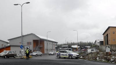 En polis och en polisbil utanför småhus i bostadsområdet Lintuhytti.