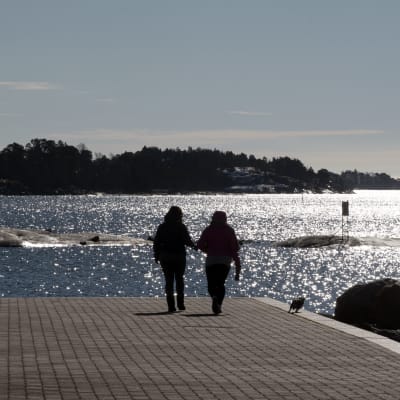 Två personer rastar en hund vid en havsstrand.