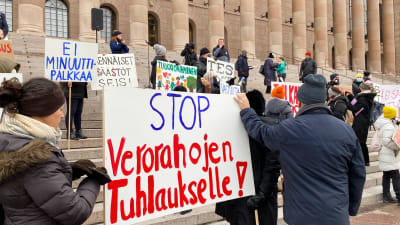 Demonstranter med banderoller på riksdagens trappa, bl.a. med texten "Stop verorahojen tuhlaukselle".