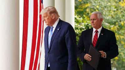 Vicepresident Mike Pence står bakom president Donald Trump.med Vita husets trädgård i bakgrunden.