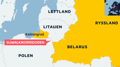 Karta över Baltikom och Polen, Ryssland, Belarus och Kaliningrad. Suwałkikorridoren markerad mellan Kaliningrad och Belarus.