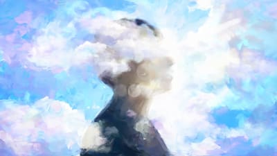 Ihmishahmo jonka pään ympärillä leijailee vaaleita pilviä sinisävyisellä taivaalla.