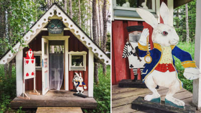 En rödmålad lekstuga och en kaninfigur gjord av trä.
