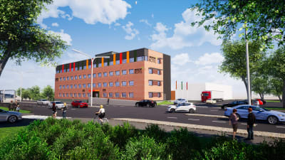 En skiss av hur GreenStar Hotels hotellbyggnad ska se ut vid den norra infarten till Vasa.