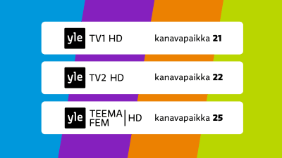 Planssi missä näkyy HD-kanavien kanavapaikat. Yle TV1 kanavapaikka 21, Yle TV2 kanavapaikka 22, Yle Teema/Fem kanavapaikka 25.