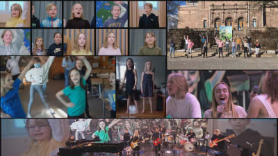 Delad skärm med massor av bilder på skolbarn som spelar och sjunger i kör. 