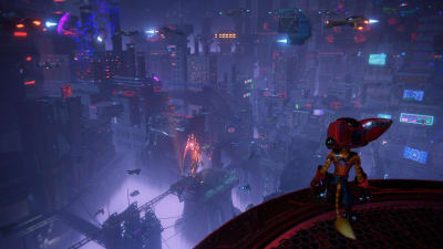 En karaktär i ett tv-spel tittar ut över en stad.