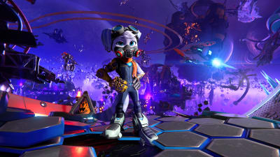En figur i ett tv-spel poserar i rymden.