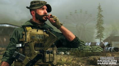 En soldat från spelet Call of Duty, i bakgrunden ett träd och ett pariserhjul.