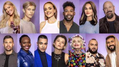 Kollage med porträtt av alla de 12 finalisterna i Melodifestivalen 2022