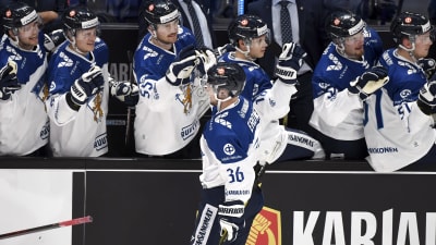 Elmeri Eronen firar ett mål vid Finlands bänk.