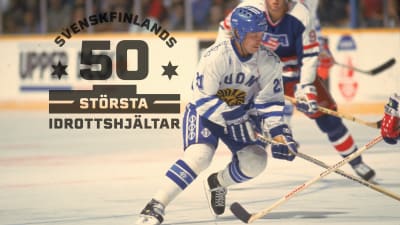 Christian Ruuttu, med logon för Svenskfinlands 50 största idrottshjältar.