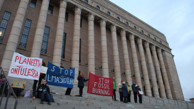 Klimatdemonstranter med banderoller på riksdagens trappa.