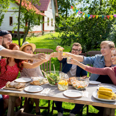 Tre män och tre kvinnor skålar glatt vid ett middagsbord i trädgården