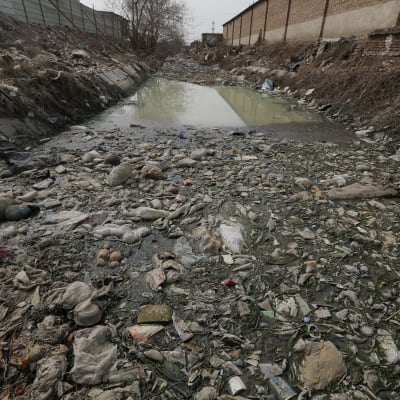 Plastavfall i en flod i Beijing i Kina. 