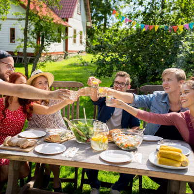 Tre män och tre kvinnor skålar glatt vid ett middagsbord i trädgården
