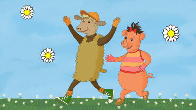 En gris och ett får springer på gräsmattan i serien Rädda Bärtil.