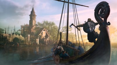 Videopelissä viikingit hyökkäävät veneellä linnan kimppuun.