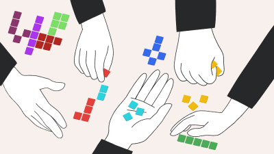 Illustrationen visar händer som rör vid och flyttar på små spelbrickor i partiernas färger.