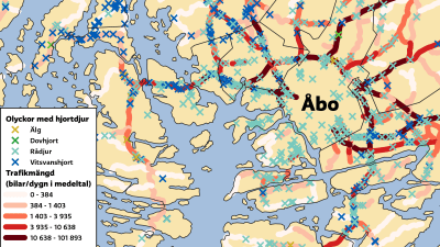 Karta över hjortdjursolyckor och trafikmängder i Åbo med omgivning år 2022.