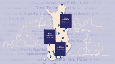 Suomen kartta, jonka vieressä kaupunkien siluetteja ja päällä kolme kirjaa.