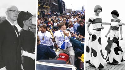 Koosteessa kolme historiallista kuvaa: presidentti Kekkonen ja Jackie Kennedy, Suomen jääkiekkikullan juhlinta 1995 ja Marimekon malleja 1970-luvulla.
