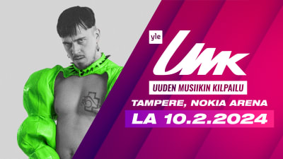 UMK24-tapahtuman mainoskuva. Kuvassa lukee UMK:n järjestettävän Tampereen Nokia Arenalla lauantaina 10.2.2024. Taustalla näkyy vuoden 2023 UMK-voittaja Käärijä.