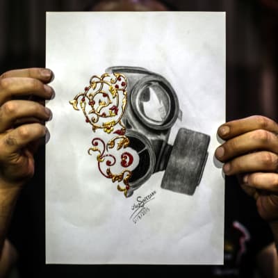 En teckning av den syriska konstnären Akram Abu al-Foz till minnet av gasattacken i Ghouta