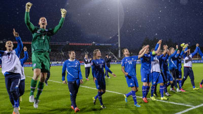 De islänska spelarna firar framgången i EM-kvalet.