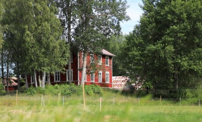 Rött hus sett från en åker.