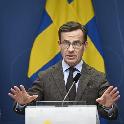 En man i tweed står framför Sveriges flagga med händerna rakt utsträckta.