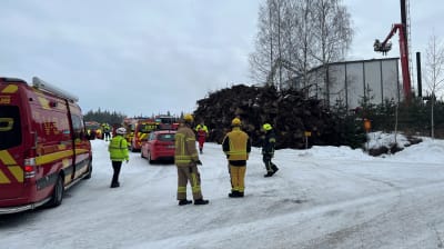 Brandmän i beige overaller med röda brandbilar vid en brandplats vid ett sågverk i vinterlandskap.