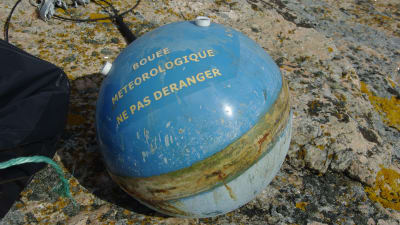 En boj på en sten. På bojen står det på franska att det är meteorologisk boj.