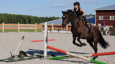 Miranda Panula på en hästrygg på en hoppbana.