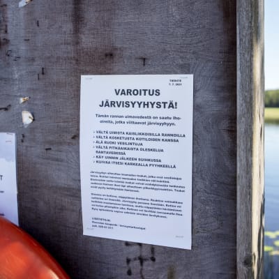 Järvisyyhystä varoittava tiedote Käyrälammen uimarannan ilmoitustaululla