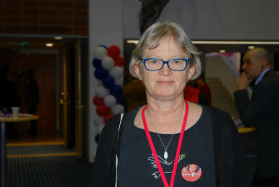 Birgitta Gran på Vänsterförbundets parftimöte i Kuopio.