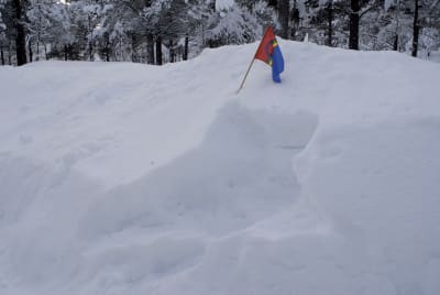 Samiska flaggan i en snöhög.