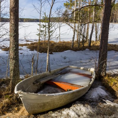 Rannalle vedetty soutuvene, taustalla jäätynyt luminen järvi.
