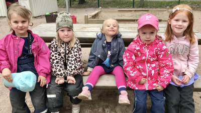 Fem flickor sitter på en bänk utomhus.