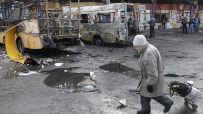 Skadad busstation i Donetsk.