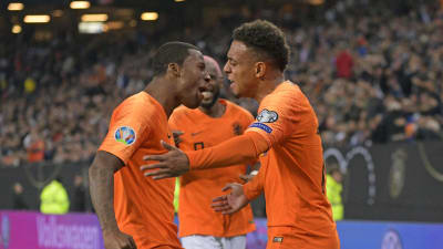 Georginio Wijnaldum och Donyell Malen firar ett mål.
