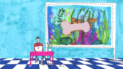 Illustration av man som skriver vid dator och snoppfisk i akvarium i bakgrunden