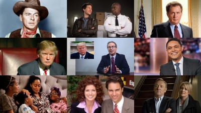 Ett collage av bilder av Ronald Reagan, tv-serien Brooklyn nine-nine, West Wing, Donald Trump i Apprentice, John Oliver, Trevor Noah, ur serien Black-isch, ur serien Will & Grace och ur serien House of Cards.