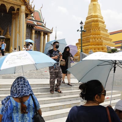 Ihmsiä kävelee alas buddhalaisen temppelin portaita suojautuen sateenvarjoilla kuumuudelta. 
