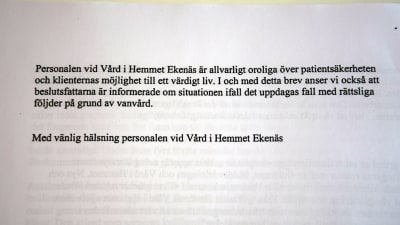 Ett brev från Vård i hemmet i Ekenäs till Raseborgspolitiker. 